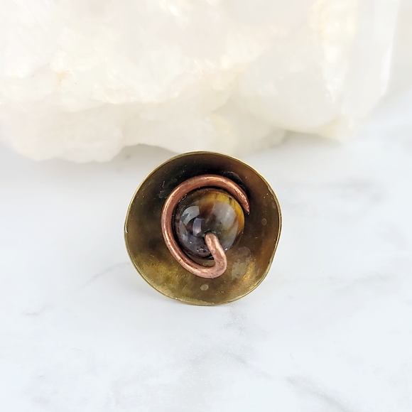 Tiger Eye Ring Jewelry Size 5 Yellow Gold Brass Copper Metal Artisan Handmade - Picture 10 of 12